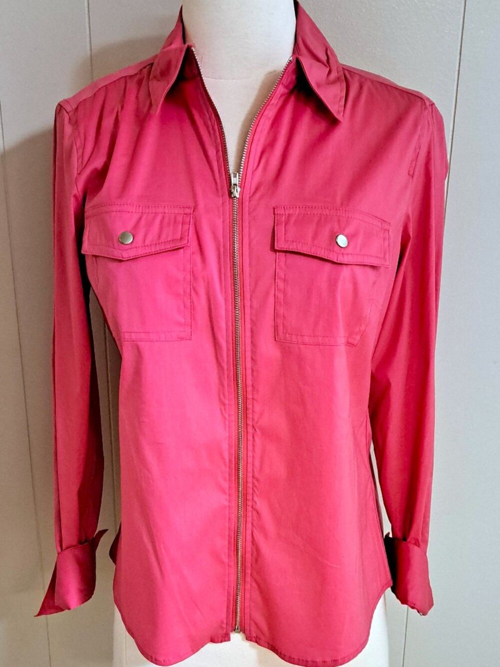 LADIES CORAL BLOUSE ZIPPER FRONT COTTON & SPANDEX SOFT LONG SLEEVES BY TRACY M S